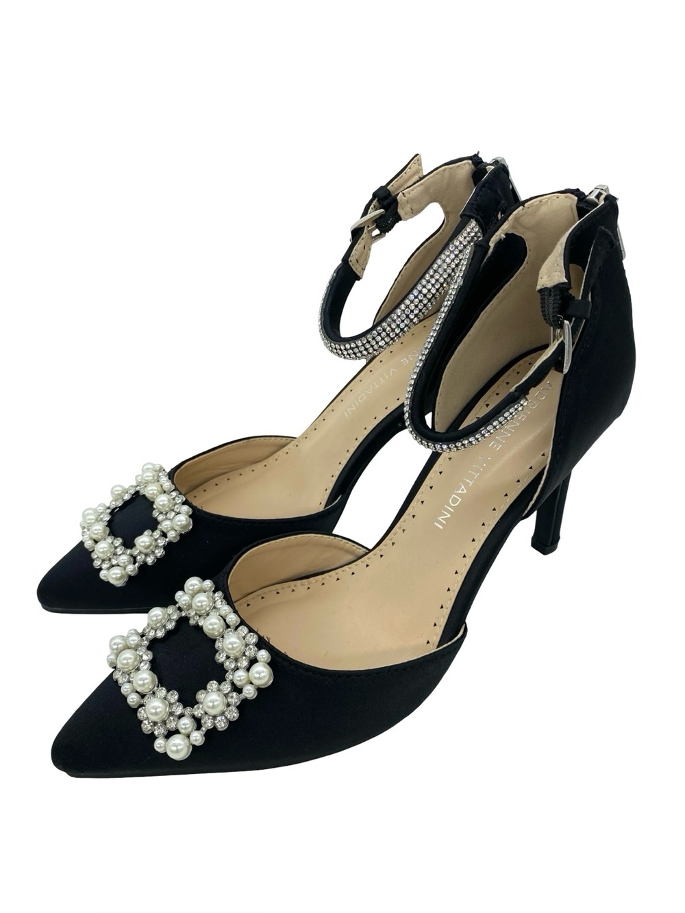 Adrienne Vittadini Nirvana Black Pearl Ankle Strap Jeweled Heels Size 6